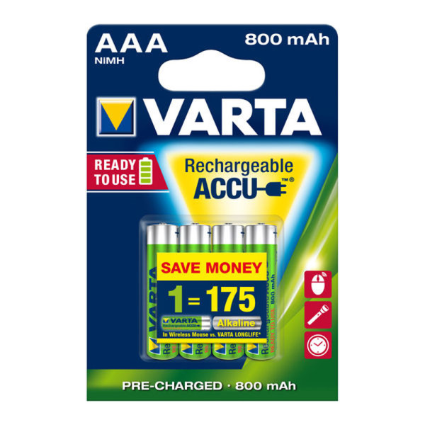 VARTA AAA Alkaline Batterij - Oplaadbaar - 1,2V - 800mAh - 4 stuks