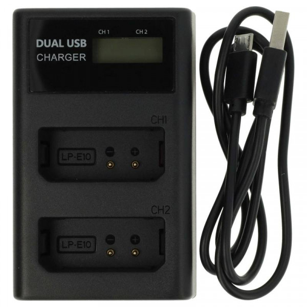 Tweevoudige Accu oplader voor Canon LP-E10 Accu's - Met display - Zwart