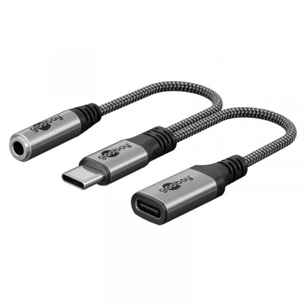 USB-C (m) naar 3,5mm Stereo Jack (v) en USB-C laadpoort - DAC - Nylon sleeve - 0,1 meter - Zwart