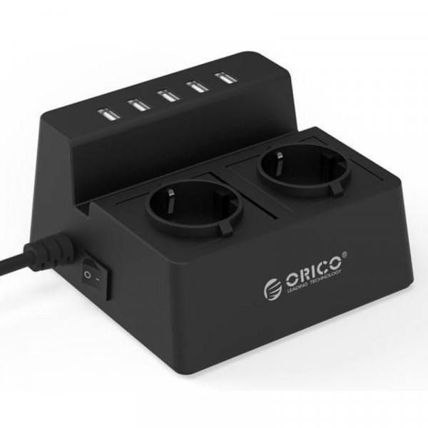 Orico 2-voudige Bureau Stekkerdoos - 5x USB Oplaadpoort - 250V - 10A - 1,5 meter - Zwart