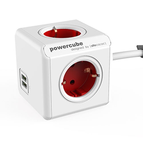 Allocacoc PowerCube extended - 4x Schuko en 2x USB - 1,5 meter kabel - Wit/Rood 6b38550d297f7f7a4cae2def39cfb7a5