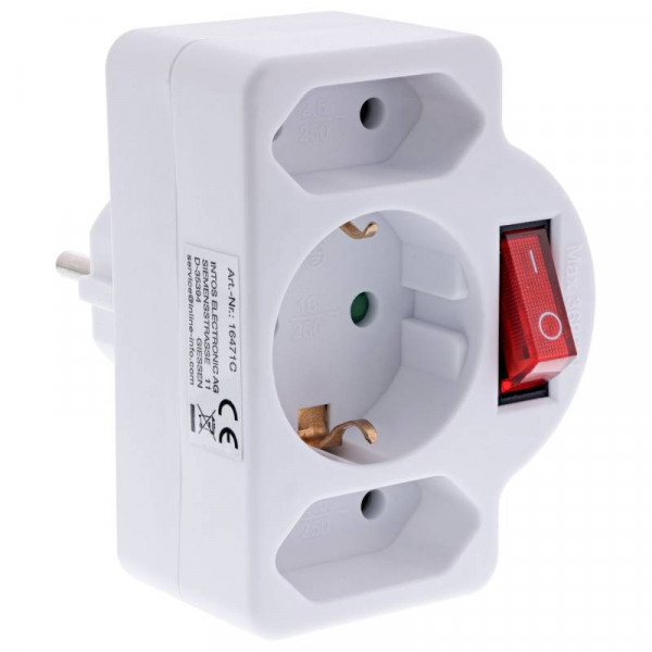 Verticale Stopcontact Splitter met Schakelaar - 3-voudig - Horizontale Stopcontacten - 1x RA - Wit