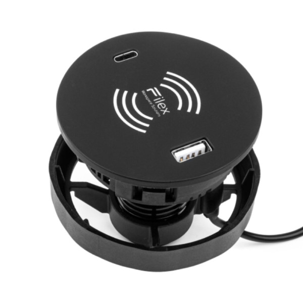 Filex Draadloze Oplader voor inbouw - 15W - Met 1x USB-A en USB-C oplaadpoort - Tweedekans - Zwart