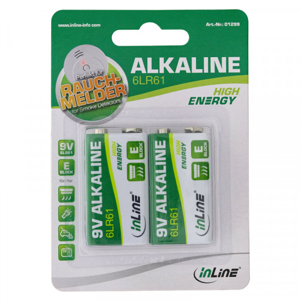 InLine E Alkaline Batterijen - 9V - 6LR61 - 2 Stuks - Groen/Wit