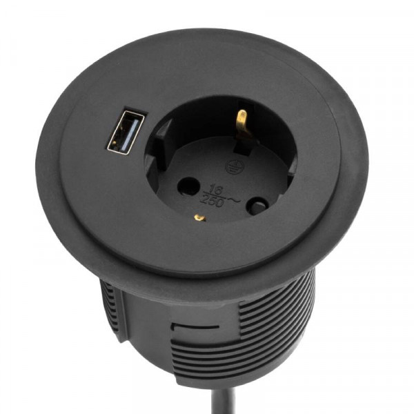 Power Spot - 1x Schuko - 1x USB-A oplaadpoort - 60mm - 1,7 meter - Zwart