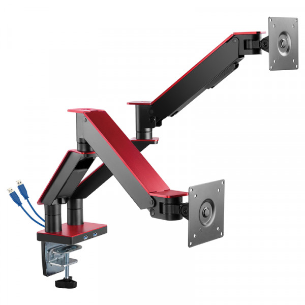 Bureaubeugel voor 2x 17-35 inch scherm - Tot 11kg - 2x USB 3.2 Gen 1 hub - Zwart/Rood