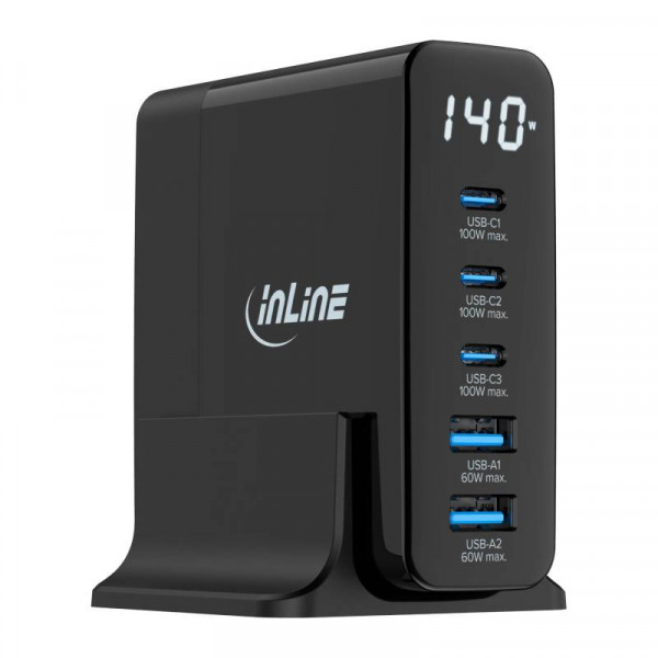 InLine USB Oplaadstation - 2x USB-A, 3x USB-C - GaN - 140W - Zwart
