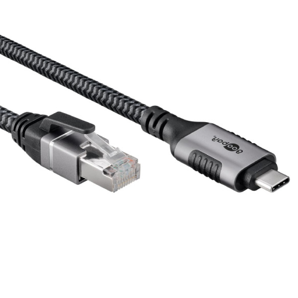 USB-C (m) naar RJ45 (m) Gigabit Ethernet Kabel - Nylon Sleeve - 2 meter - Zwart/Grijs