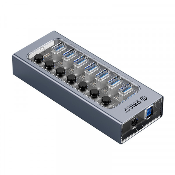 Orico USB-A Hub - 7x USB-A - 7x Aan-uitschakelaar - Gevoed - USB 3.2 Gen 1 - 1 meter - Transparant