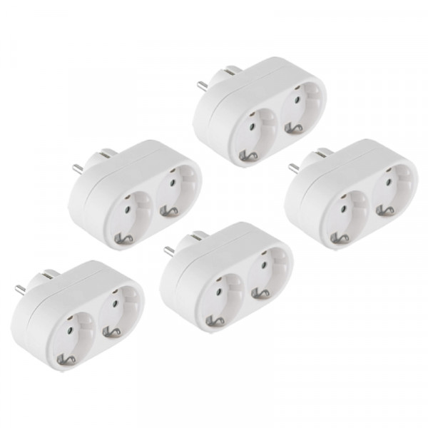 5-PACK Horizontale Stopcontact Splitter - 2-voudig - Horizontale Stopcontacten - Randaarde - Wit