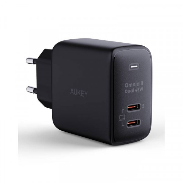 Aukey USB-C Thuislader Voedingsadapter 45W - PD - GaN - Zwart