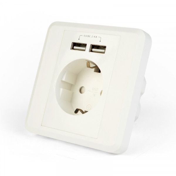 Inbouwstopcontact - Schuko + Dubbele USB-A Oplaadpoort - Wit