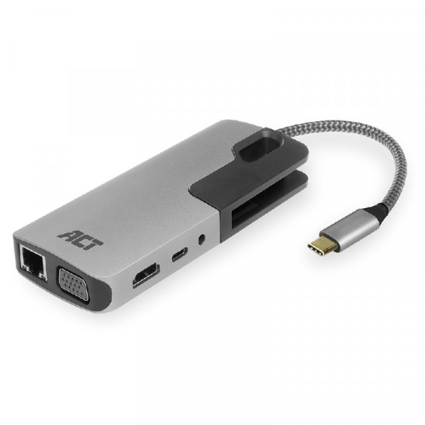 ACT USB-C Multiport Adapter - Gigabit Ethernet, 3x USB-A, HDMI of VGA - USB-C PD - Aluminium