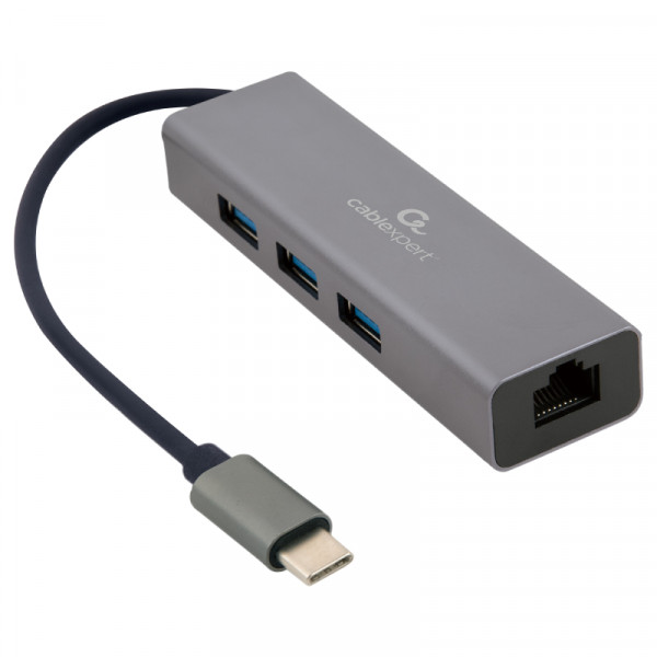 Cablexpert USB-C Hub - 3x USB-A - RJ45 Gigabit Ethernet poort - USB 3.2 Gen 1 - 0,15 meter - Grijs