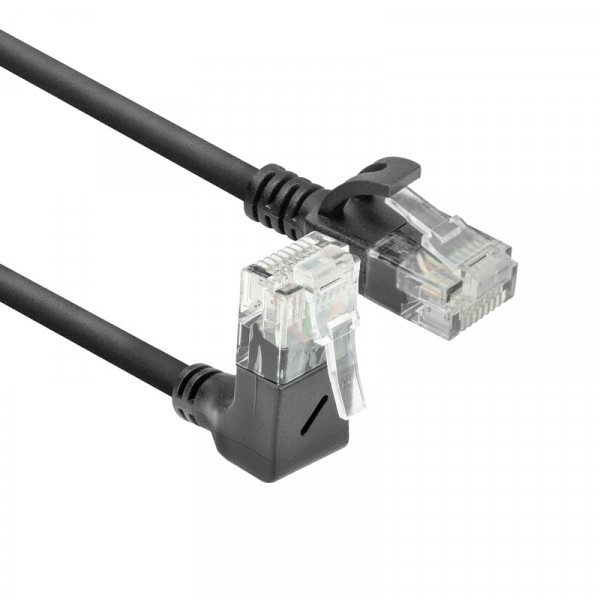 UTP CAT6A Slimline 10 Gigabit Netwerkkabel - 1 kant haaks naar boven - CU - 0,5 meter - Zwart