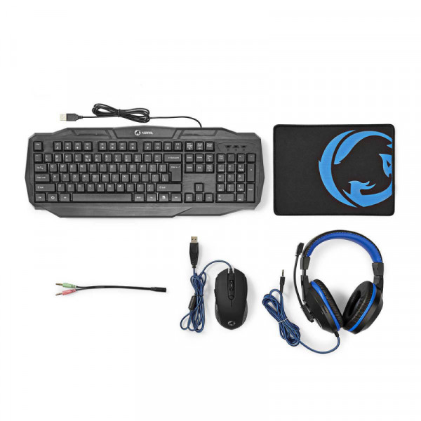 4-in-1 Gaming Kit - Toetsenbord, Headset, Muis & Muispad - Nylon sleeve - Zwart/Blauw