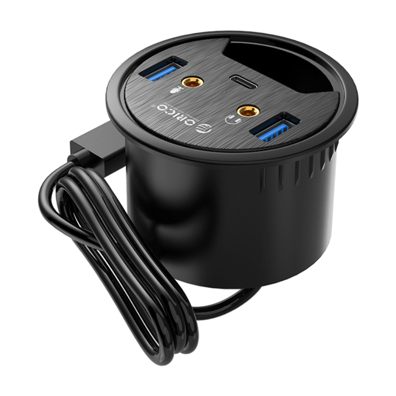 Orico USB-A Inbouw-Hub voor Bureau - 2x USB-A, USB-C 3.2 Gen 1 - 2x 3,5mm Jack - 1,5 meter - Zwart