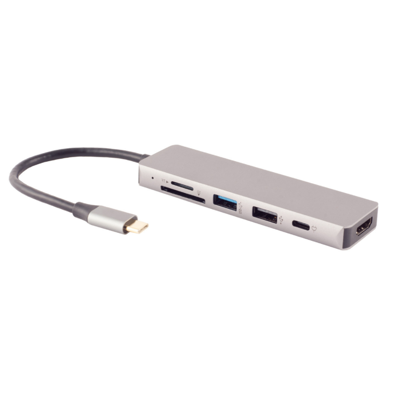 USB-C 3.2 Gen 1 Multiport Adapter - HDMI - USB-A - USB-C PD - Micro SD - SD - 0,16 meter - Grijs