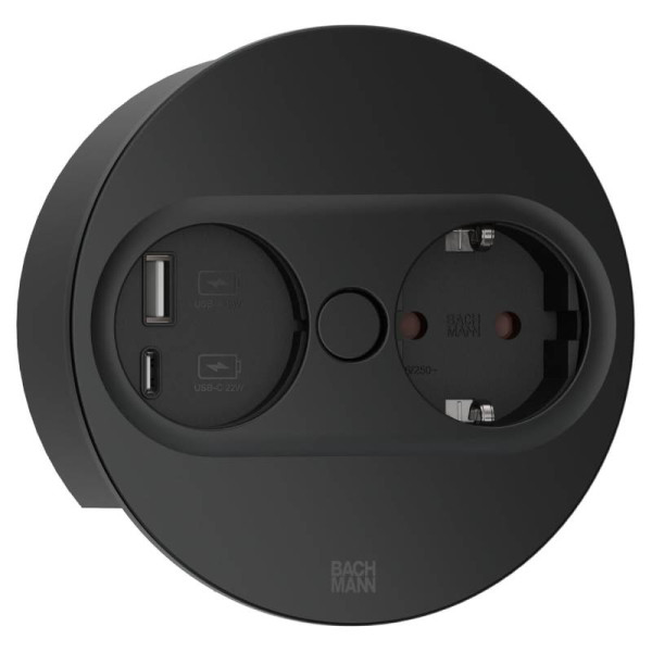 Bachmann Twist2 - 1x Schuko - USB-A en USB-C oplaadpoort - 105mm - 2 meter - Zwart