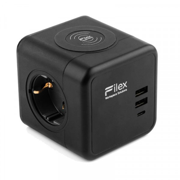 Power Cube - 3x Schuko - 2x USB-A, 1x USB-C en draadloze oplader - 1,5 meter - Zwart