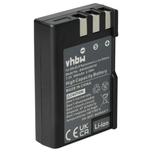 Accu voor Nikon EN-EL9E, EN-EL9a, EN-EL9 - 7,2V - 900mAh - Zwart